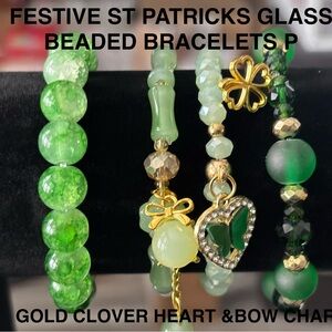 FESTIVE ST PATRICKS GLASS BEADED BRACELETS W/GOLD CLOVER &’BOW CHARMS 4PC SET